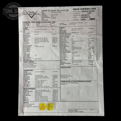 Spec sheet for Fender Custom Shop 70th Anniversary 1954 Stratocaster Relic Daphne Blue.