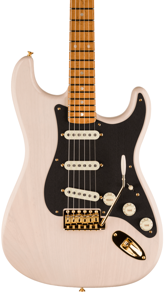 Front of Fender Custom Shop American Custom Strat MN NOS Aged White Blonde.