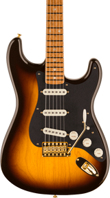Front of Fender Custom Shop American Custom Strat MN NOS Wide Fade Chocolate 2 Color Sunburst.