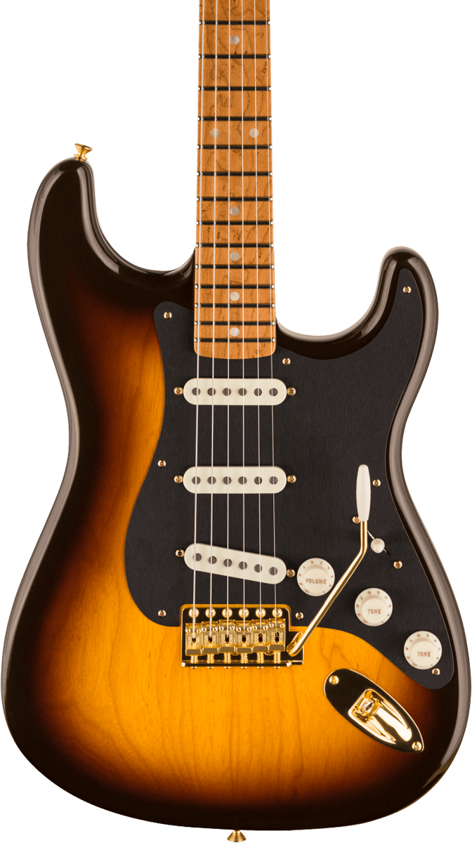 Front of Fender Custom Shop American Custom Strat MN NOS Wide Fade Chocolate 2 Color Sunburst.