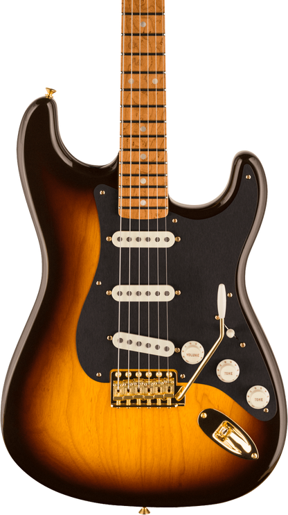 Front of Fender Custom Shop American Custom Strat MN NOS Wide Fade Chocolate 2 Color Sunburst.