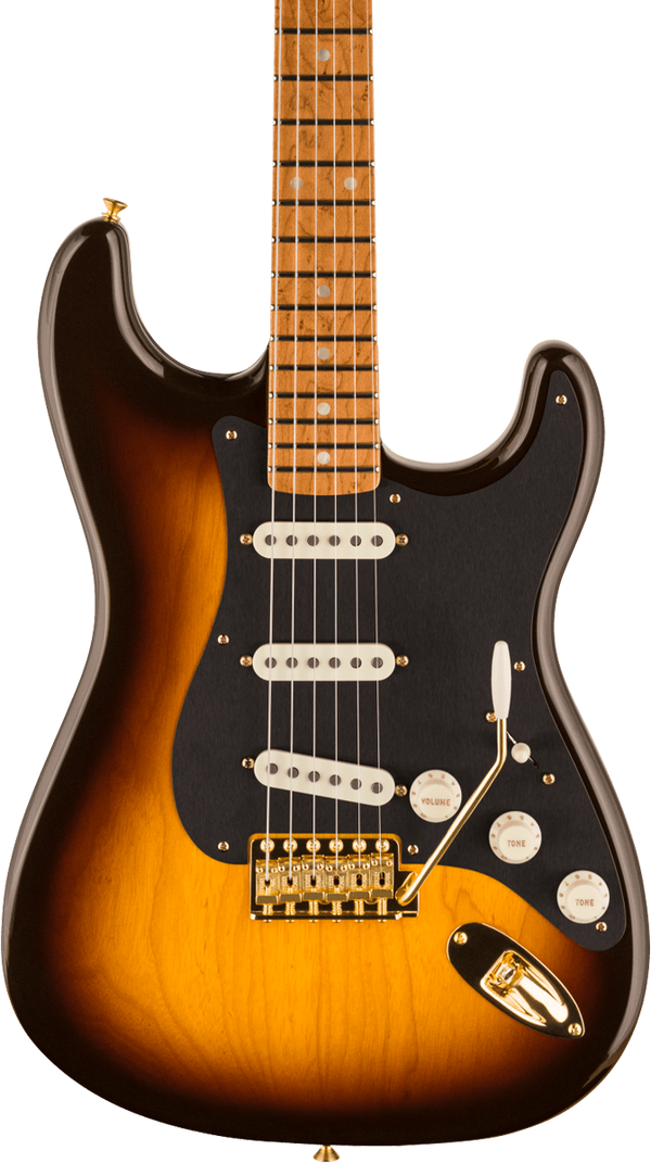 Front of Fender Custom Shop American Custom Strat MN NOS Wide Fade Chocolate 2 Color Sunburst.