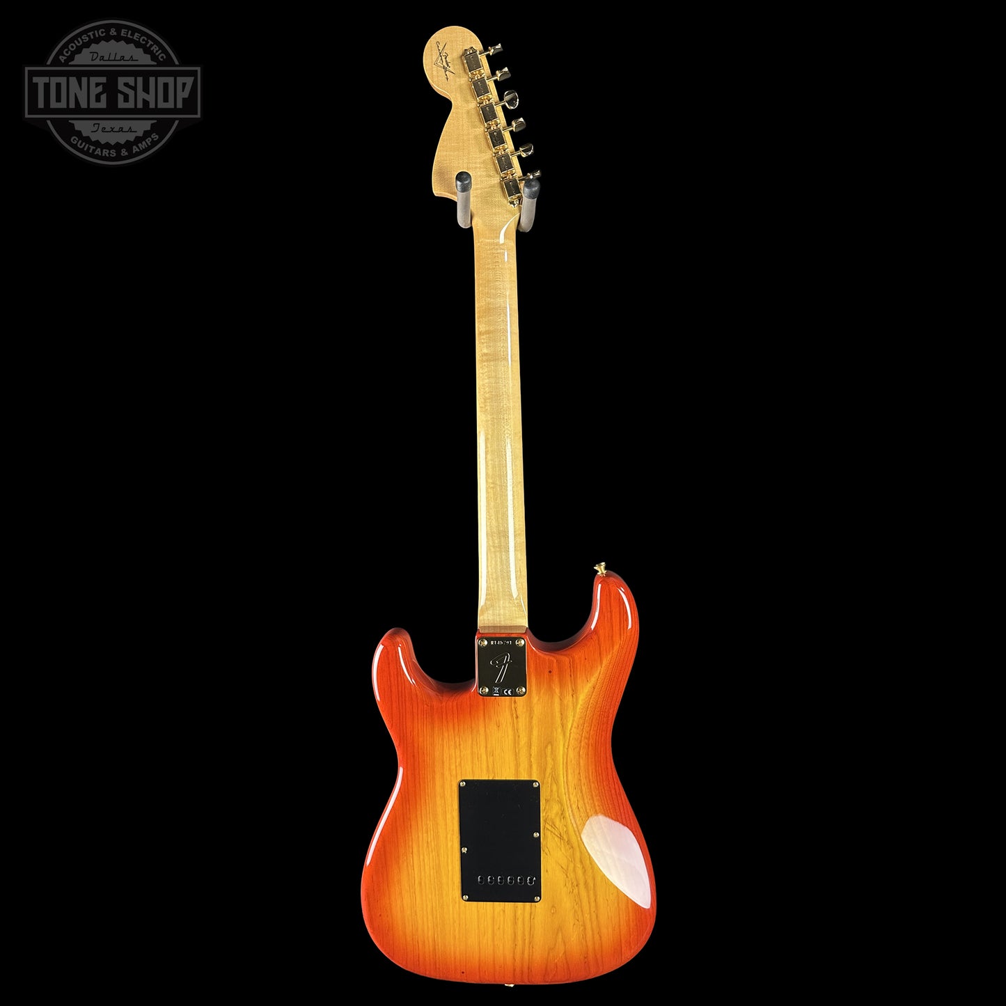 Back of Fender Custom Shop American Custom Stratocaster NOS Ebony Fingerboard Sienna Sunburst.