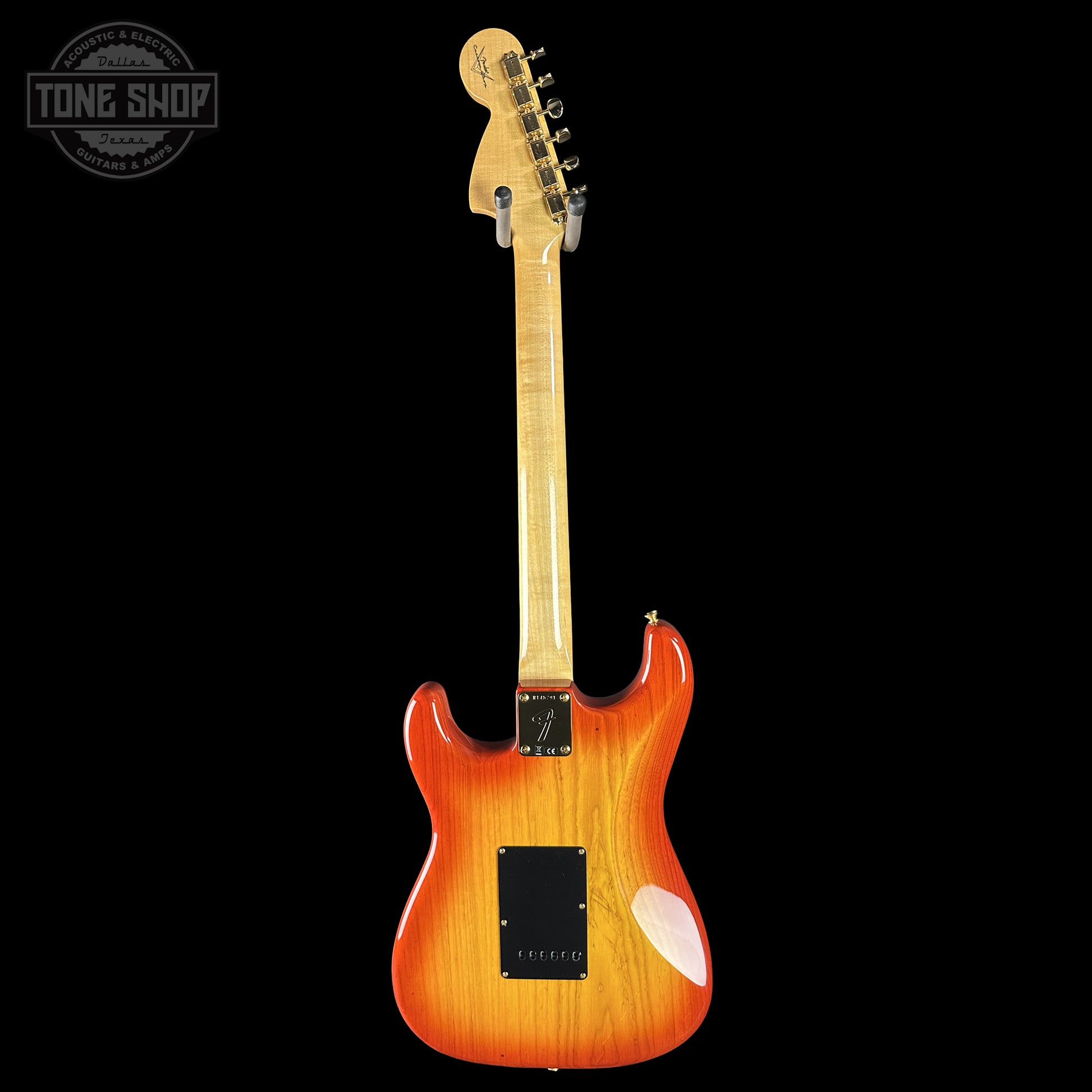 Back of Fender Custom Shop American Custom Stratocaster NOS Ebony Fingerboard Sienna Sunburst.