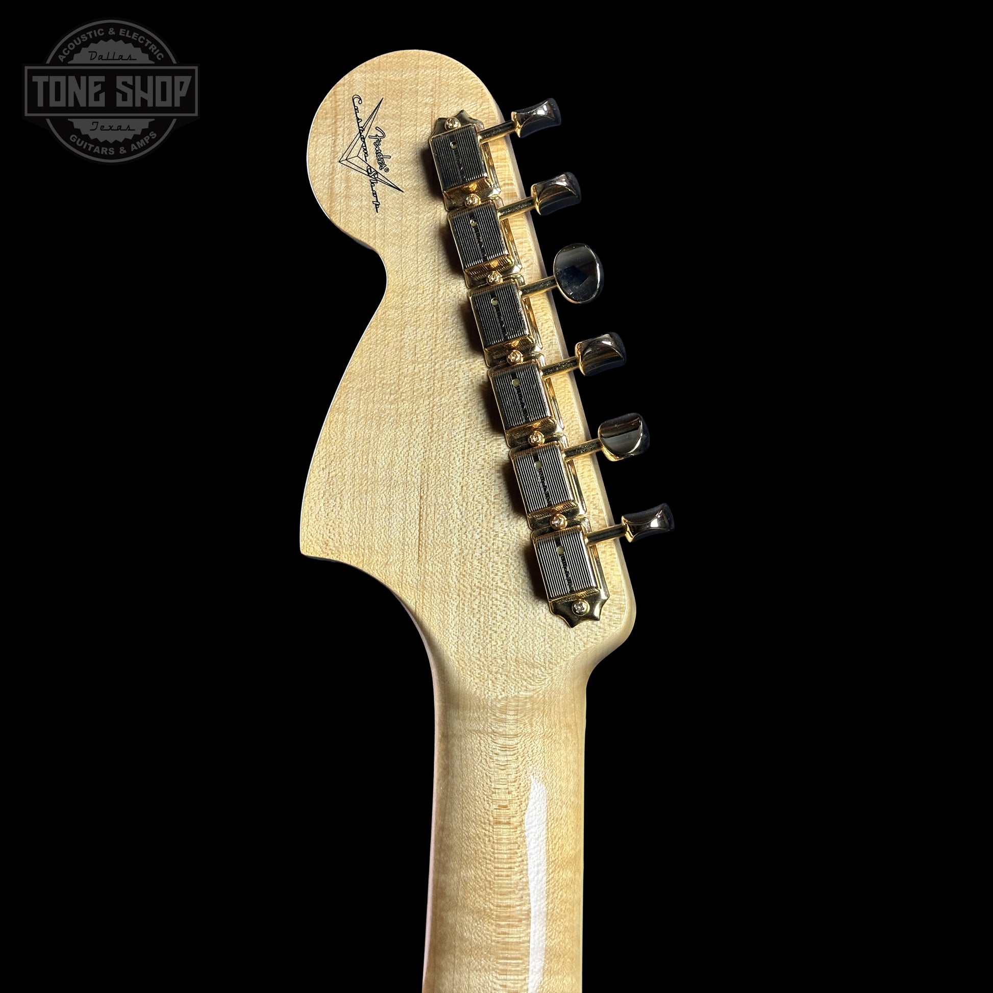 Back of Fender Custom Shop American Custom Stratocaster NOS Ebony Fingerboard Sienna Sunburst headstock.