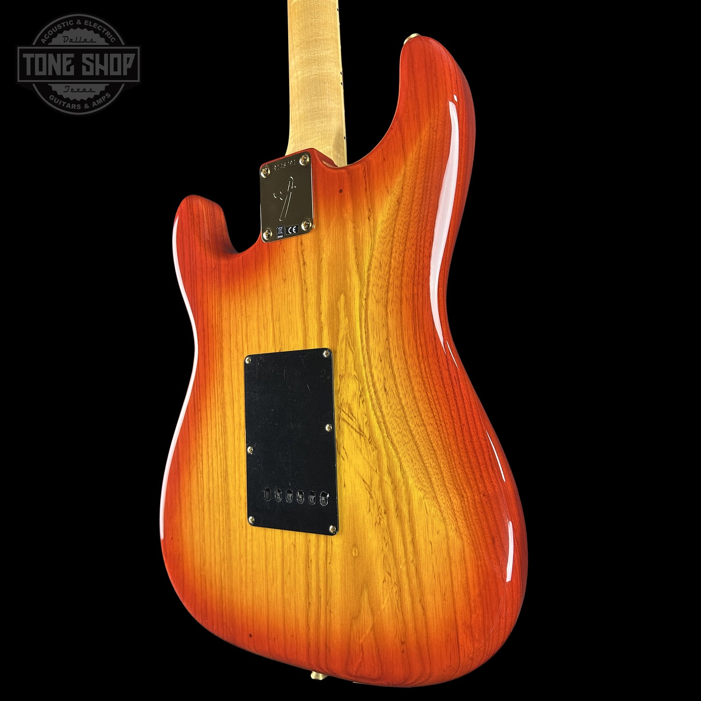 Back right angle of Fender Custom Shop American Custom Stratocaster NOS Ebony Fingerboard Sienna Sunburst.