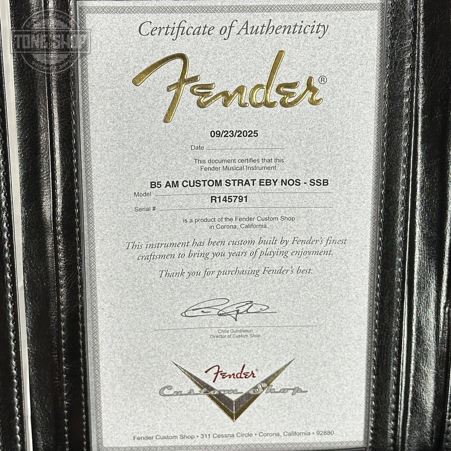 Certificate of Authenticity for Fender Custom Shop American Custom Stratocaster NOS Ebony Fingerboard Sienna Sunburst.