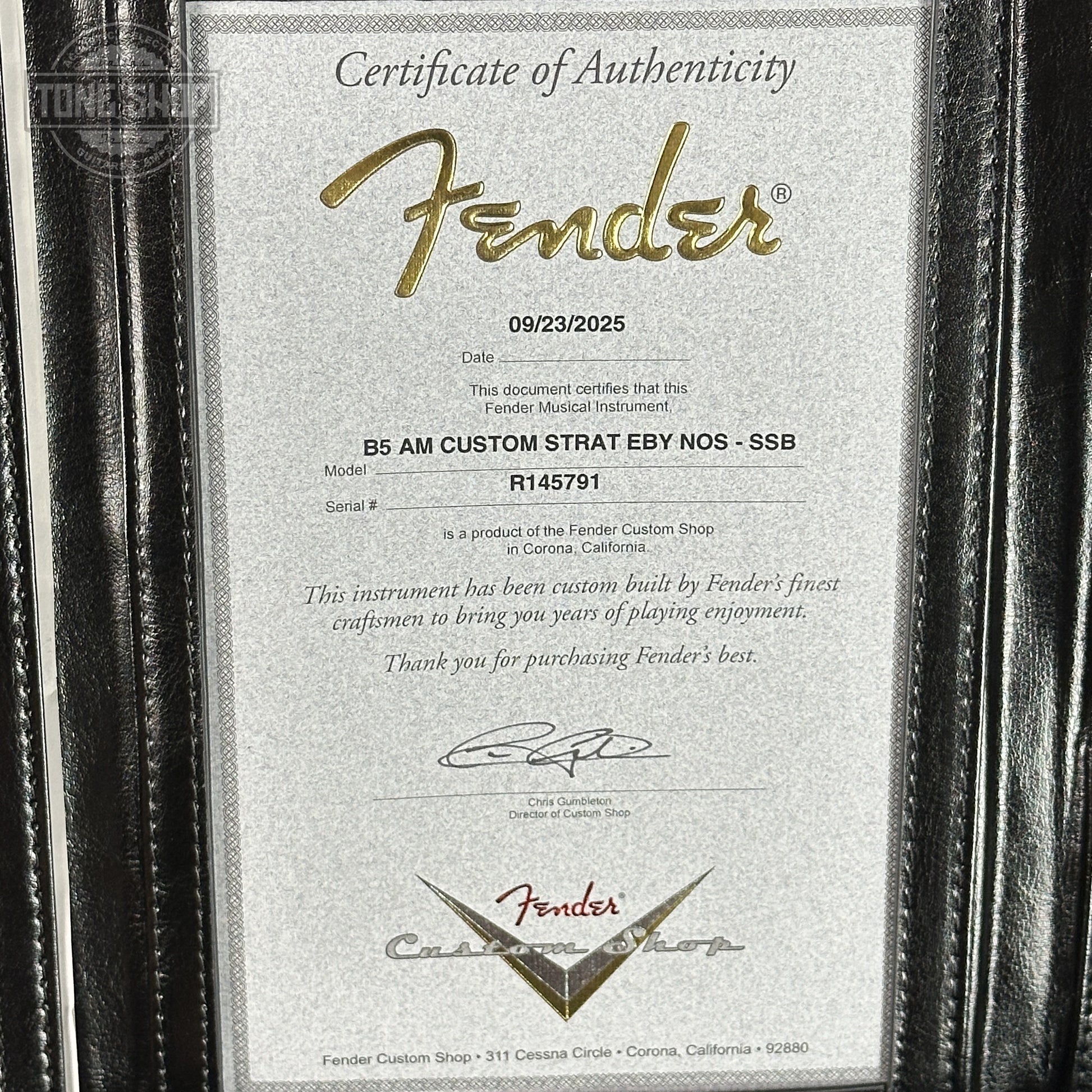 Certificate of Authenticity for Fender Custom Shop American Custom Stratocaster NOS Ebony Fingerboard Sienna Sunburst.