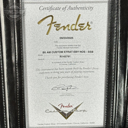 Certificate of Authenticity for Fender Custom Shop American Custom Stratocaster NOS Ebony Fingerboard Sienna Sunburst.
