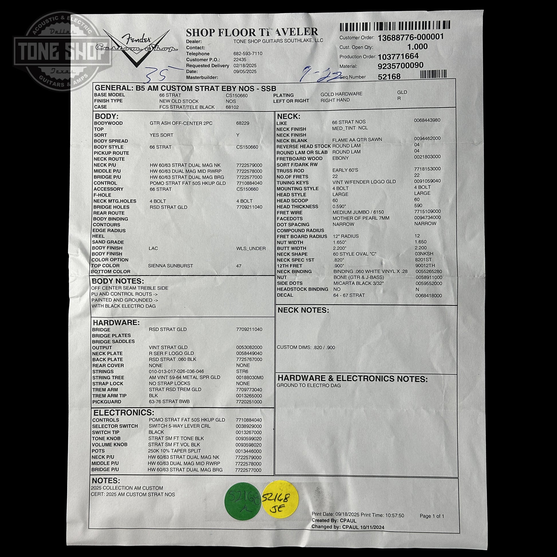 Spec sheet of Fender Custom Shop American Custom Stratocaster NOS Ebony Fingerboard Sienna Sunburst.