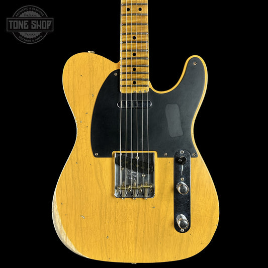 Front of Fender Custom Shop Dealer Select 52 Telecaster AAAA Journeyman Relic Butterscotch Blonde.