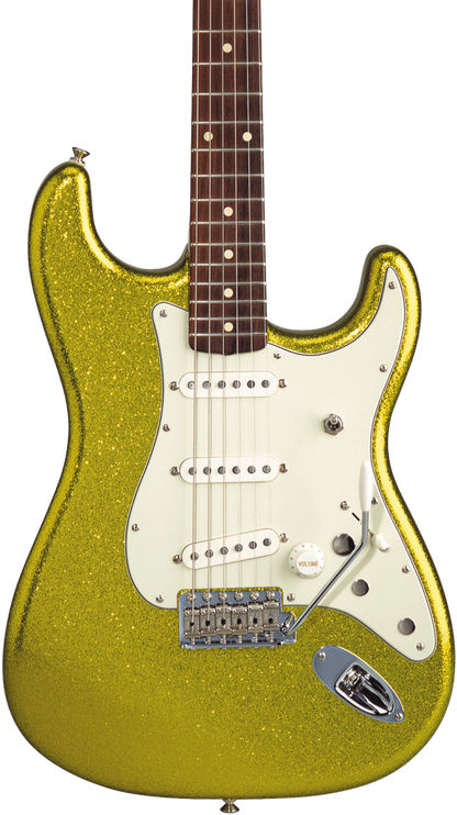 Front of Fender Custom Shop Dick Dale Stratocaster Rosewood Fingerboard Chartreuse Sparkle.