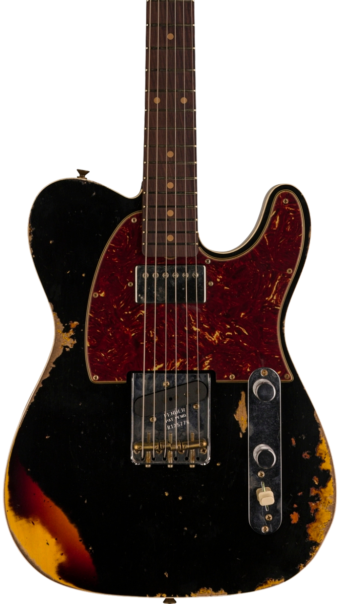Front of Fender Custom Shop Limited Edition Reverse '60 Tele Custom Heavy Relic Aged Black Over 3 Color Sunburst.