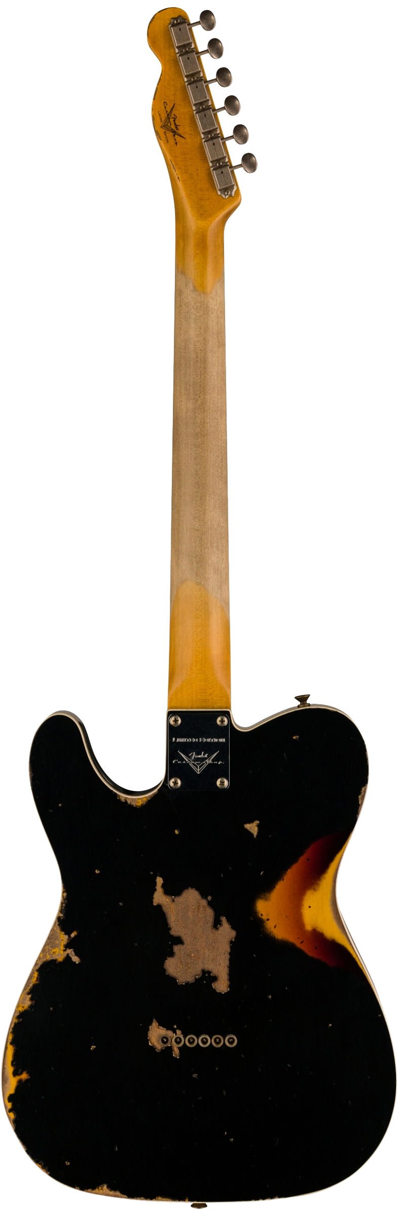 Back of Fender Custom Shop Limited Edition Reverse '60 Tele Custom Heavy Relic Aged Black Over 3 Color Sunburst.