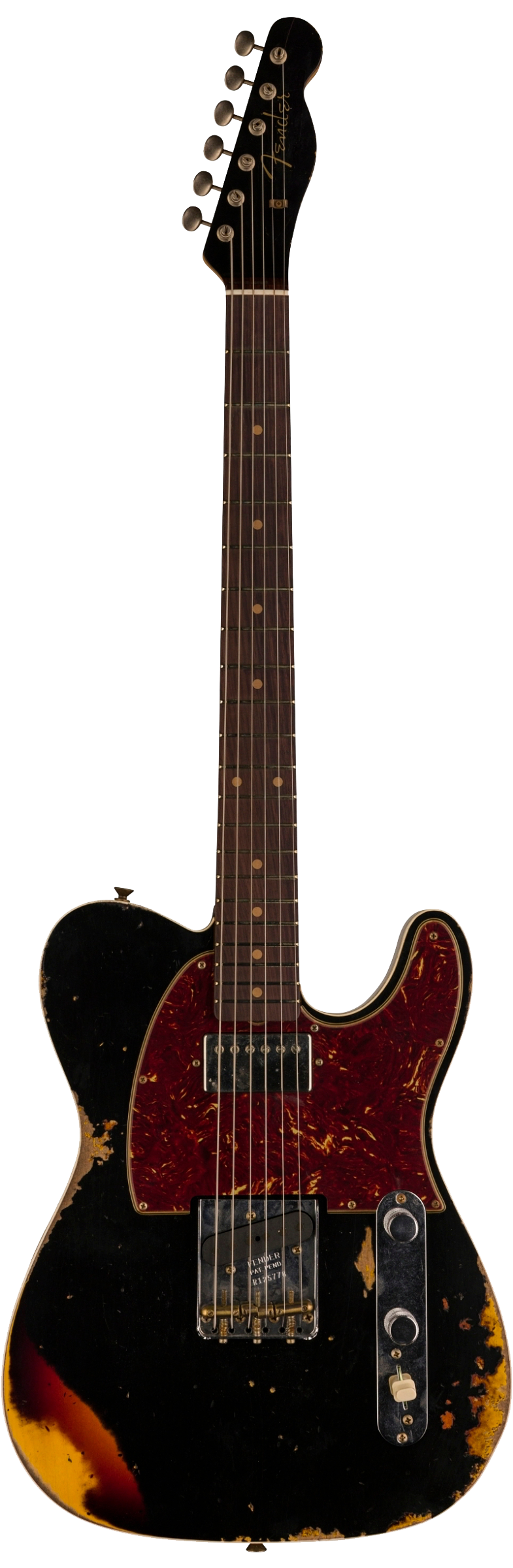 Full frontal of Fender Custom Shop Limited Edition Reverse '60 Tele Custom Heavy Relic Aged Black Over 3 Color Sunburst.