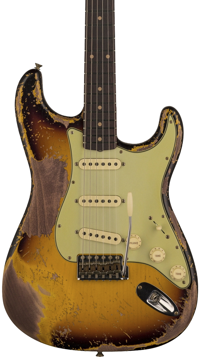 Front of Fender Custom Shop Limited Edition '61 Bone Tone Strat Super Heavy Relic Super Faded Aged 3 Color Sunburst.