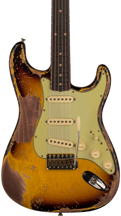 Front of Fender Custom Shop Limited Edition '61 Bone Tone Strat Super Heavy Relic Super Faded Aged 3 Color Sunburst.