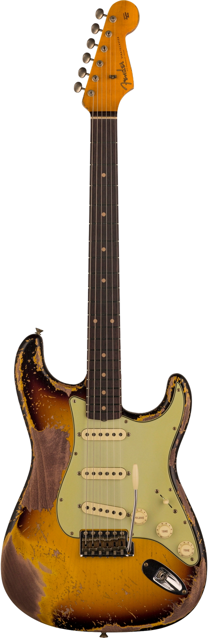 Full frontal of Fender Custom Shop Limited Edition '61 Bone Tone Strat Super Heavy Relic Super Faded Aged 3 Color Sunburst.