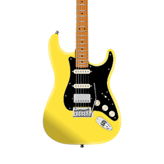 Front of Fender FSR Limited Edition American Ultra II Stratocaster HSS Roasted MP Graffiti Yellow.