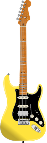 Full frontal of Fender FSR Limited Edition American Ultra II Stratocaster HSS Roasted MP Graffiti Yellow.