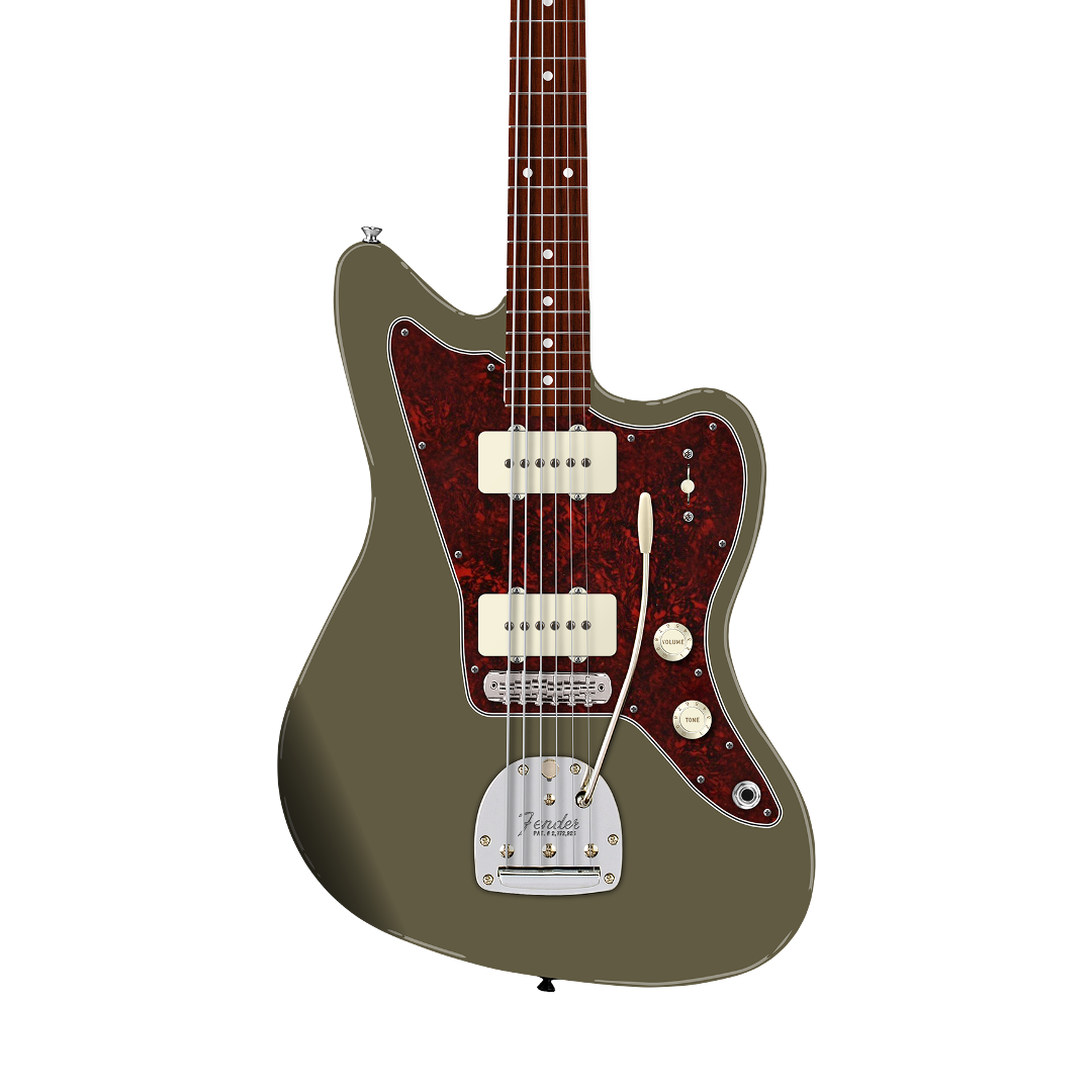 Front of Fender FSR Limited Edition Vintera II '50s Jazzmaster RW Olive Matching Headstock.