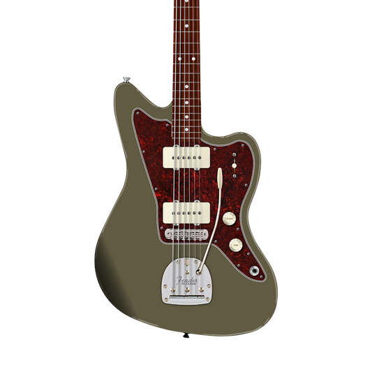 Front of Fender FSR Limited Edition Vintera II '50s Jazzmaster RW Olive Matching Headstock.
