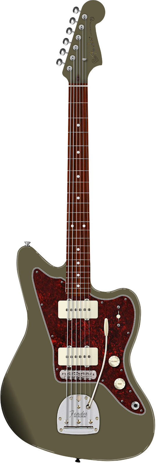 Full frontal of Fender FSR Limited Edition Vintera II '50s Jazzmaster RW Olive Matching Headstock.