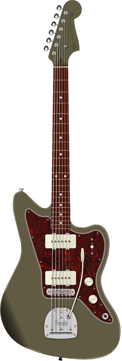 Full frontal of Fender FSR Limited Edition Vintera II '50s Jazzmaster RW Olive Matching Headstock.