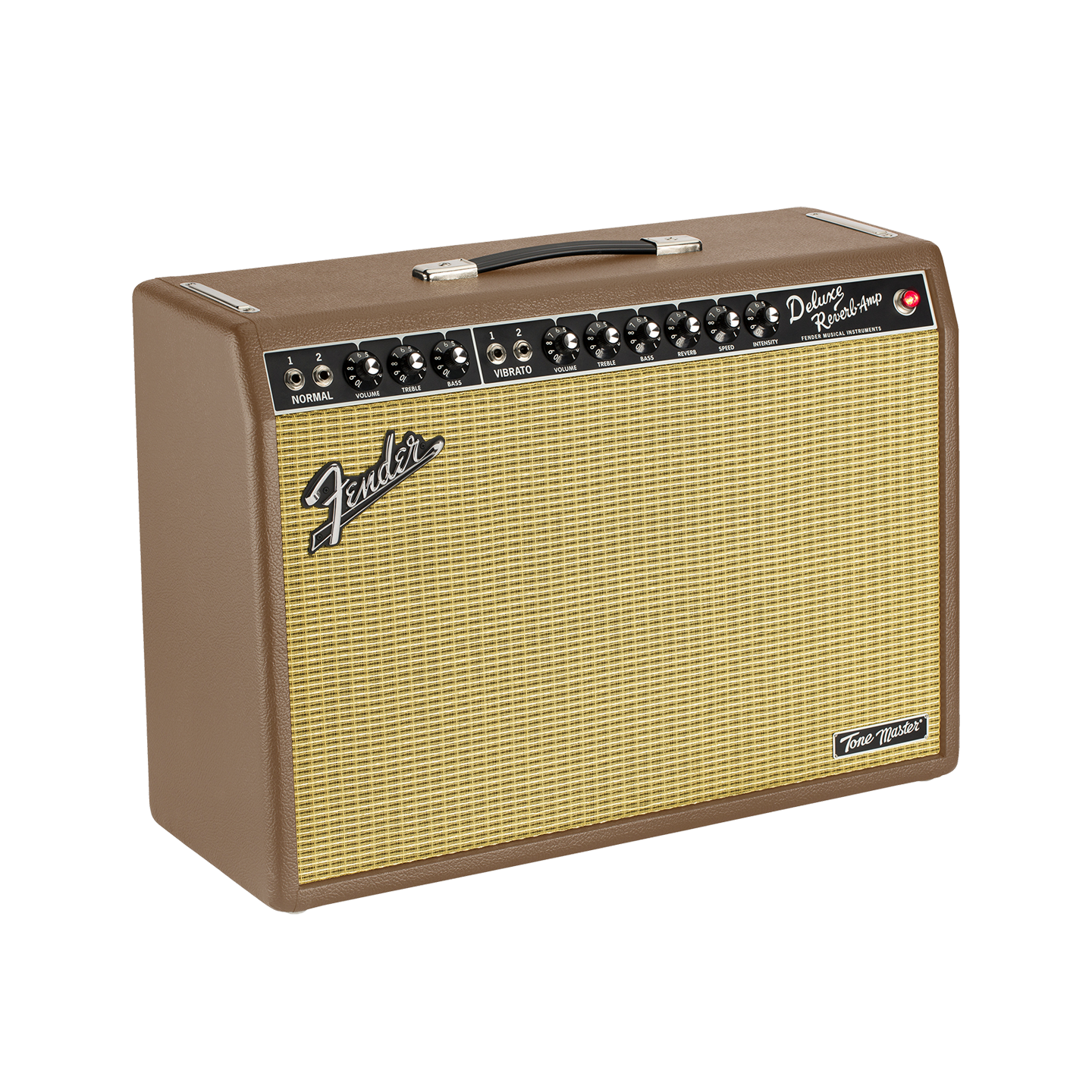 Front angle of Fender FSR Tone Master Deluxe Reverb Cocoa Celestion Neo 1x12 Combo.