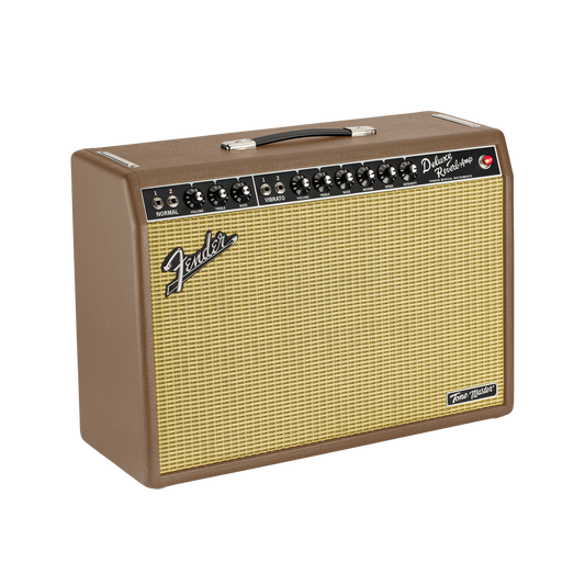 Front angle of Fender FSR Tone Master Deluxe Reverb Cocoa Celestion Neo 1x12 Combo.