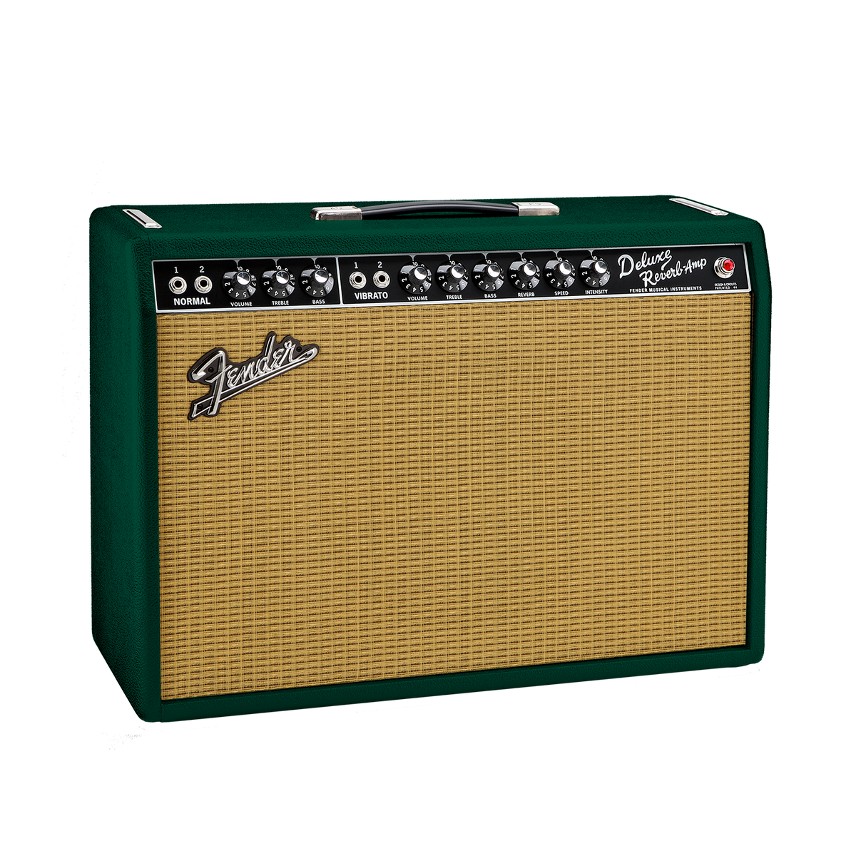 Front angle of Fender FSR ’65 Deluxe Reverb British Racing Green Eminence GA-SC64 1x12 Combo.