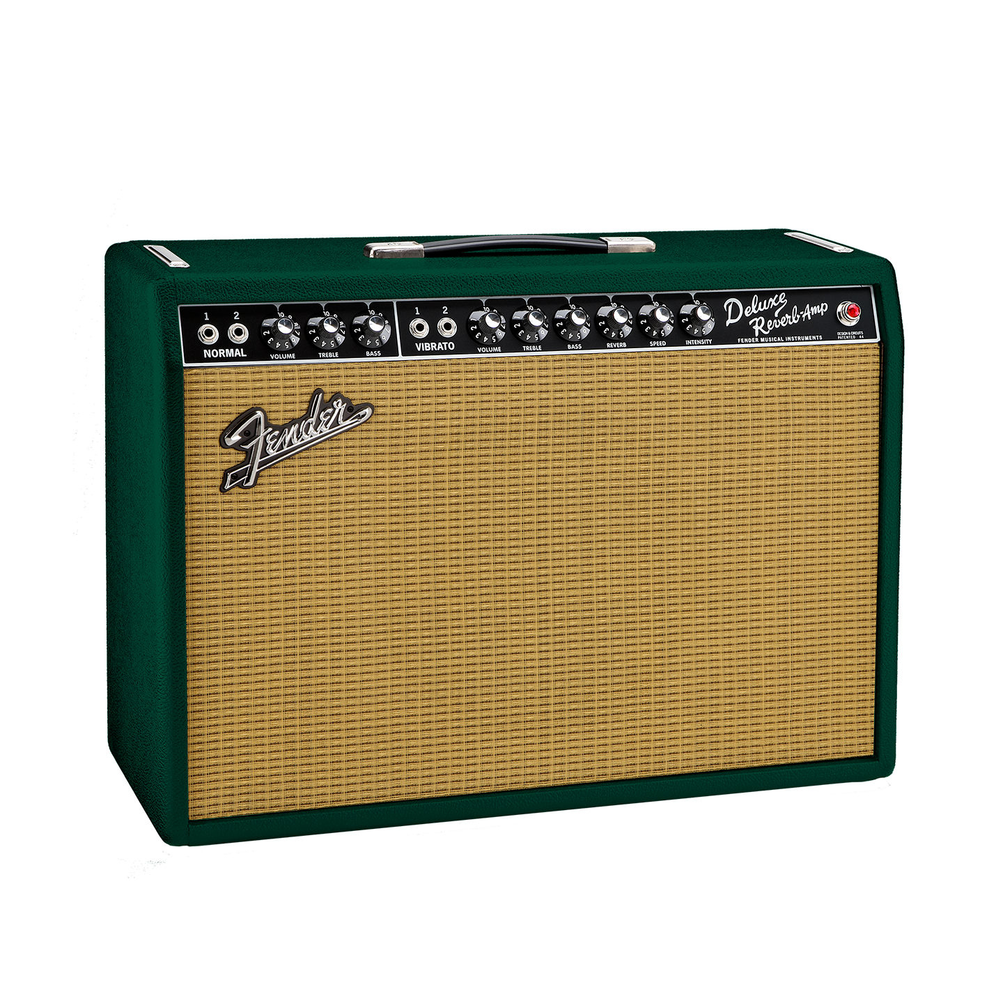 Front angle of Fender FSR ’65 Deluxe Reverb British Racing Green Eminence GA-SC64 1x12 Combo.