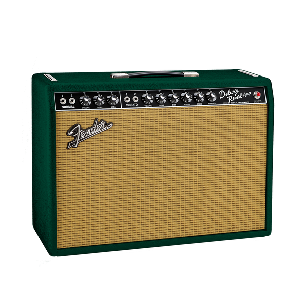 Front angle of Fender FSR ’65 Deluxe Reverb British Racing Green Eminence GA-SC64 1x12 Combo.