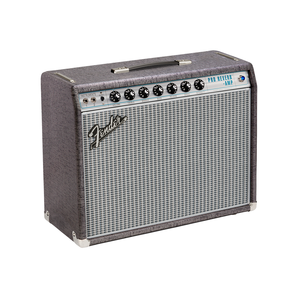 Front angle of Fender FSR ’68 Custom Pro Reverb Pewter Redback 1x12 Combo.