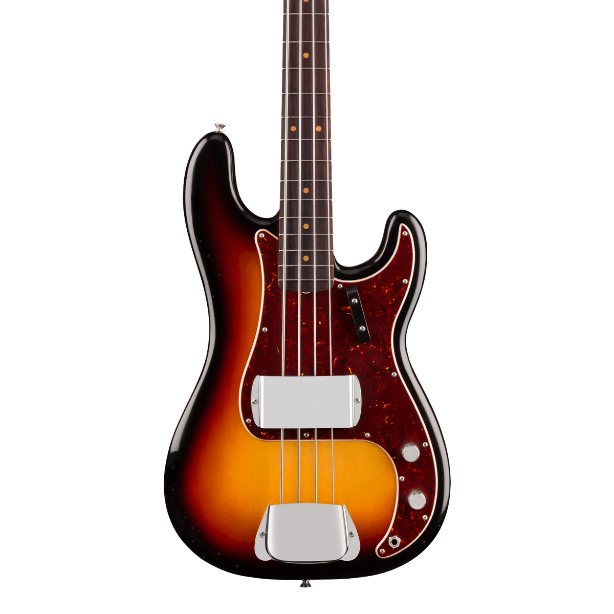 Front of Fender James Jamerson 1962 Precision Bass Rosewood 3-Tone Sunburst.