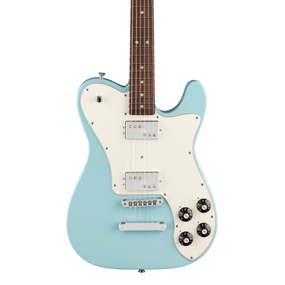 Front of Fender Kingfish Delta Day Telecaster Deluxe Rosewood Daphne Blue.