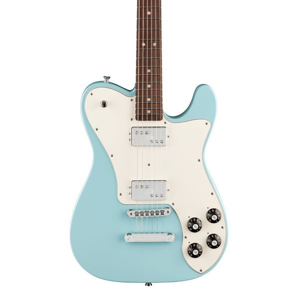 Front of Fender Kingfish Delta Day Telecaster Deluxe Rosewood Daphne Blue.