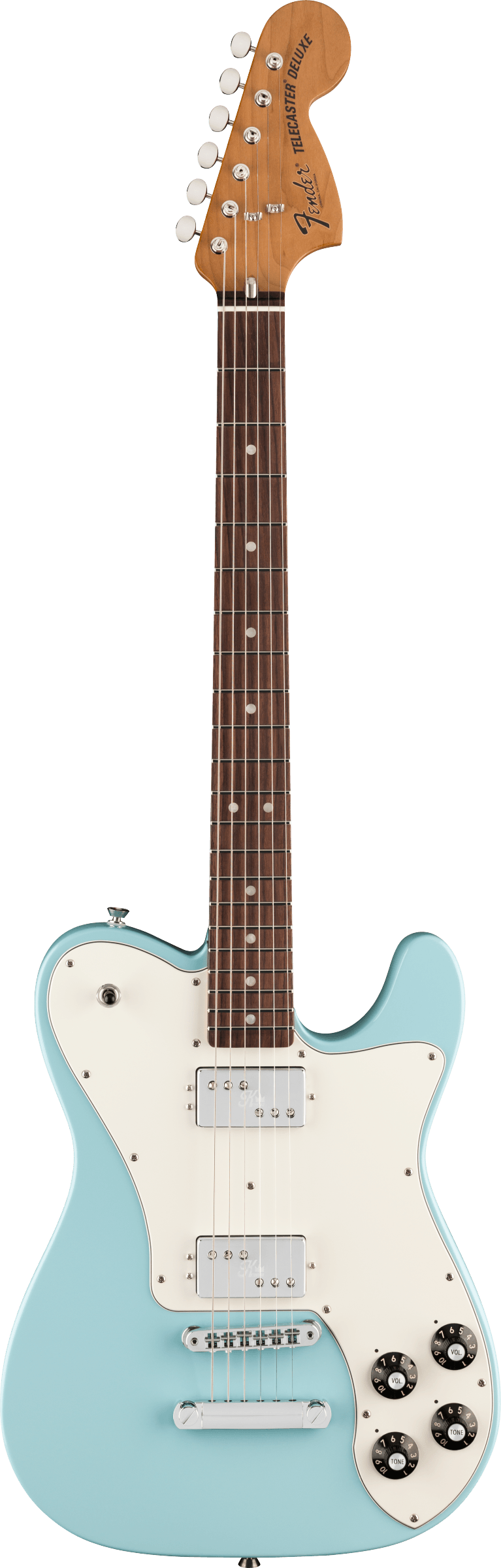 Full frontal of Fender Kingfish Delta Day Telecaster Deluxe Rosewood Daphne Blue.