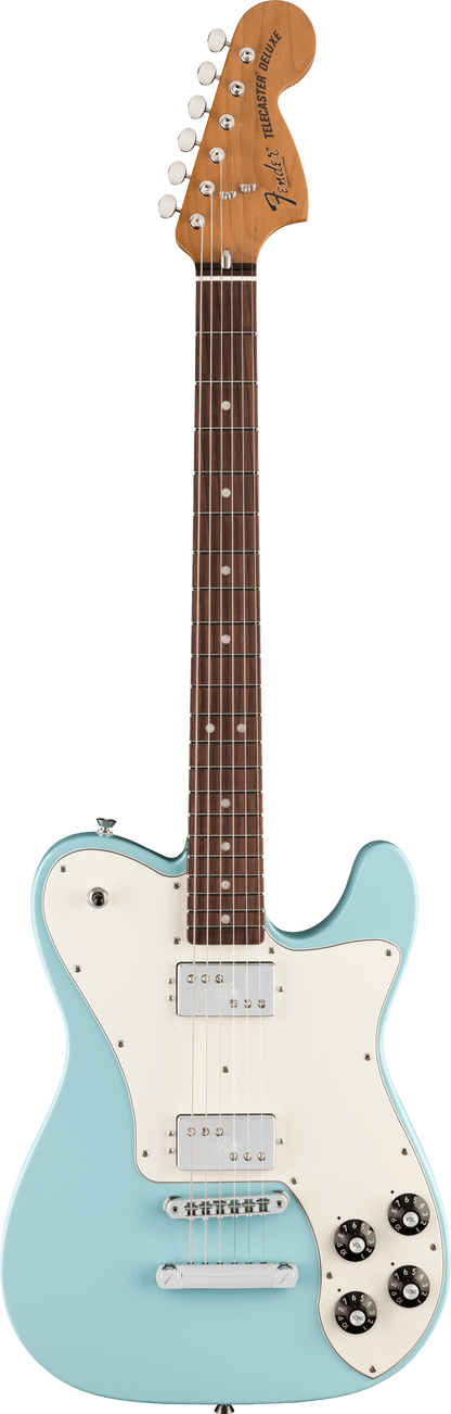 Full frontal of Fender Kingfish Delta Day Telecaster Deluxe Rosewood Daphne Blue.