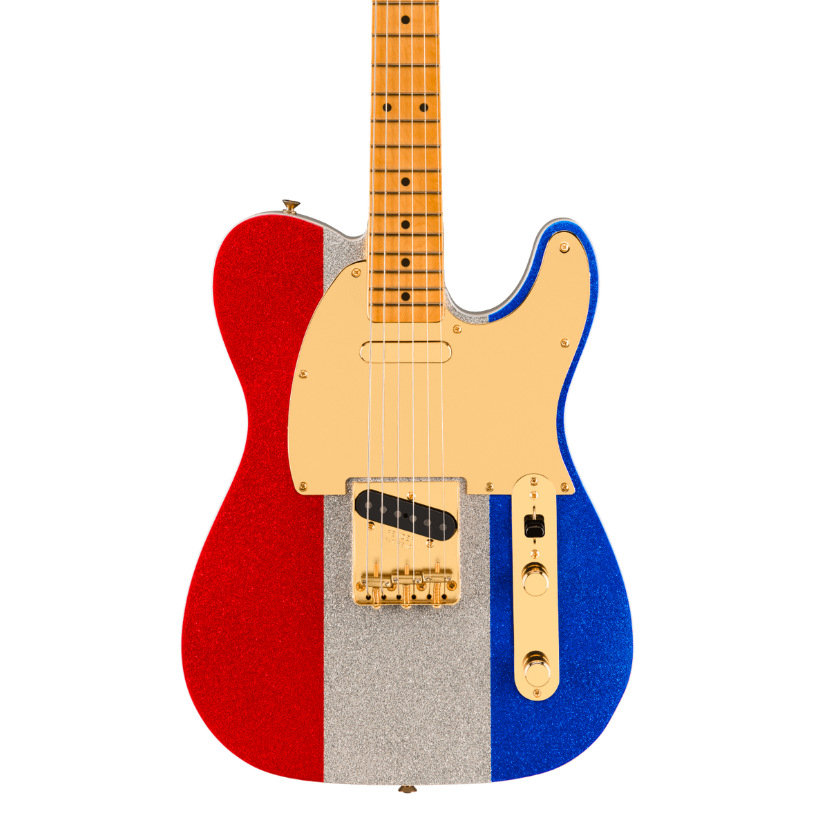 Front of Fender Limited Buck Owens Telecaster Red Silver Blue Sparkle.