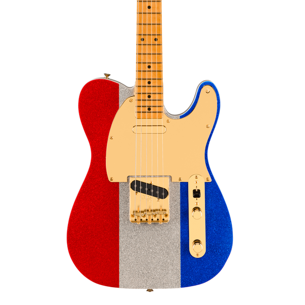 Front of Fender Limited Buck Owens Telecaster Red Silver Blue Sparkle.