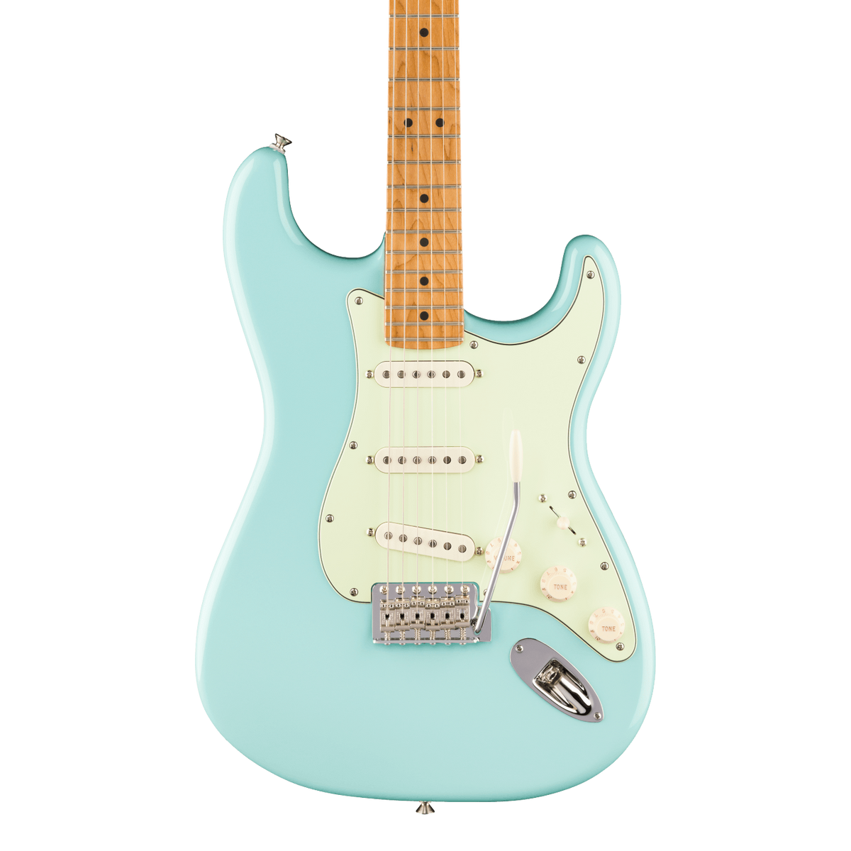 Front of Fender Limited Edition American Professional Classic Stratocaster Roasted Maple Daphne Blue.