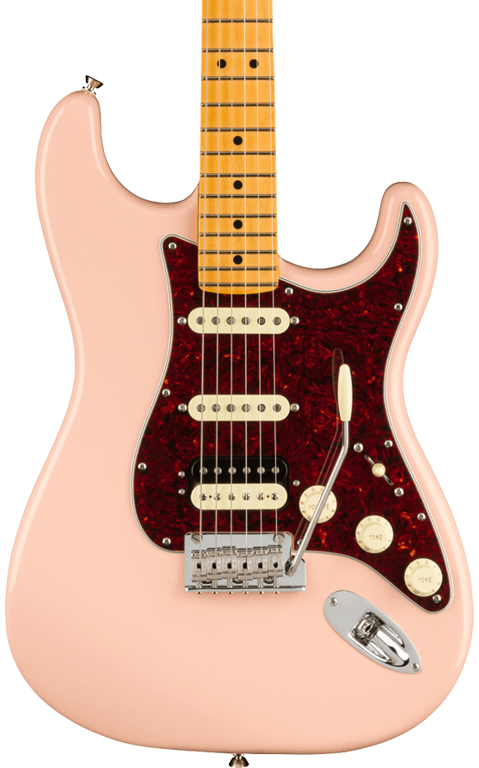 Front of Fender Limited Edition American Professional II Stratocaster HSS MP Shell Pink.