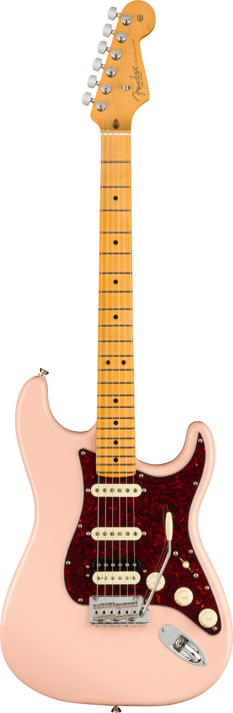 Full frontal of Fender Limited Edition American Professional II Stratocaster HSS MP Shell Pink.