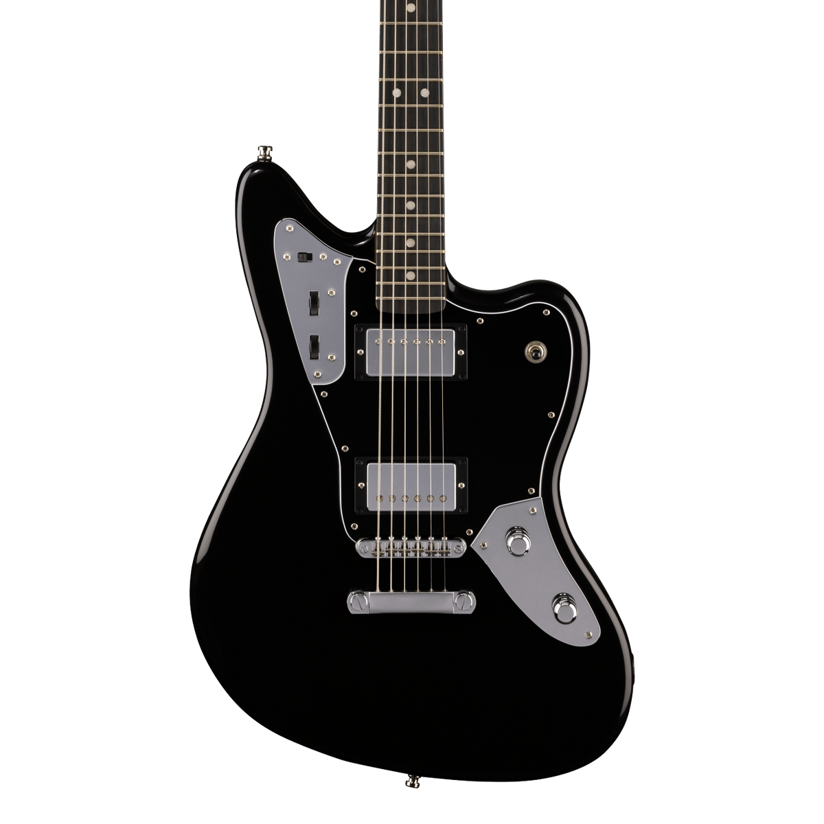 Front of Fender Limited Edition Player Fusion Jaguar Baritone Ebony Black.