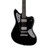 Front of Fender Limited Edition Player Fusion Jaguar Baritone Ebony Black.