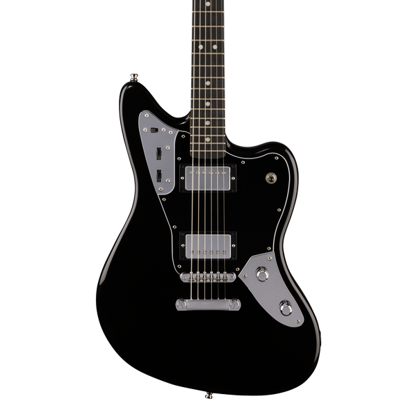 Front of Fender Limited Edition Player Fusion Jaguar Baritone Ebony Black.