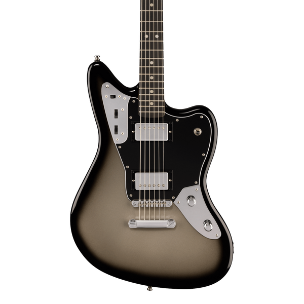 Front of Fender Limited Edition Player Fusion Jaguar Baritone Ebony Silverburst.