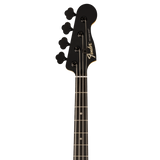 Headstock of Fender Limited Edition Player Fusion Precision Bass HH Ebony Halo Metallic.