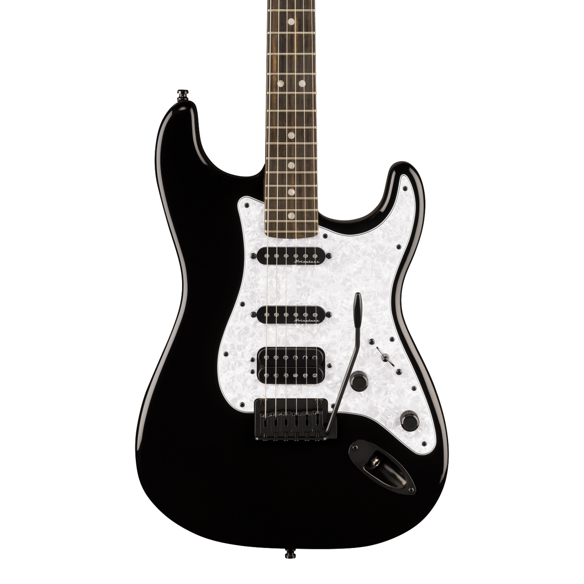 Front of Fender Limited Edition Player Fusion Stratocaster HSS Ebony Black.